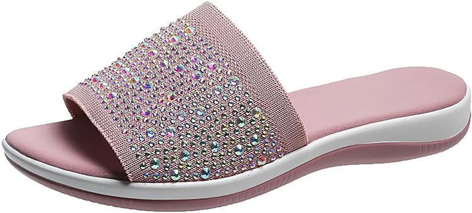 Women's Rhinestones Knit Platform Slides Sandals Fashion Comfortable Soft Bottom Open Toe Slip On Summer Walking Slippers for Indoor Outdoor Beach Party Daily Wear