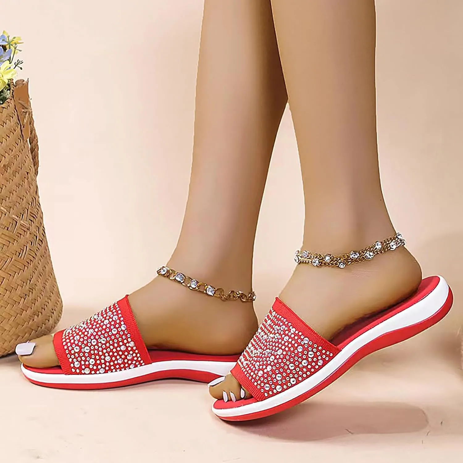 Women's Rhinestones Knit Platform Slides Sandals Fashion Comfortable Soft Bottom Open Toe Slip On Summer Walking Slippers for Indoor Outdoor Beach Party Daily Wear