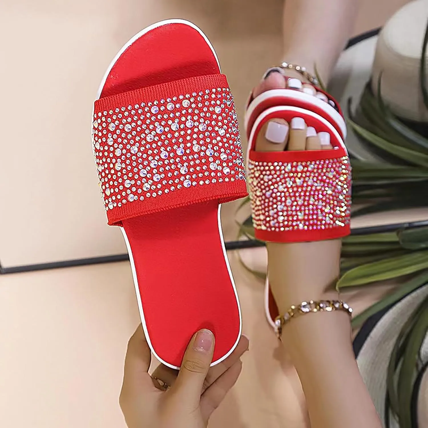 Women's Rhinestones Knit Platform Slides Sandals Fashion Comfortable Soft Bottom Open Toe Slip On Summer Walking Slippers for Indoor Outdoor Beach Party Daily Wear