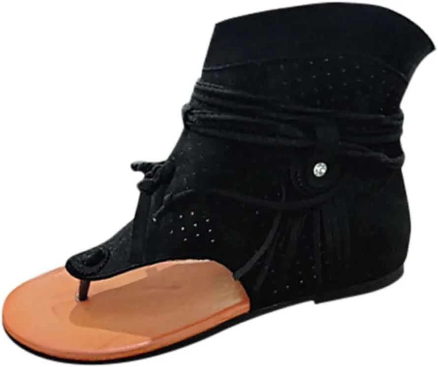 Women'S Sandals Tassel Ankle Boots, Retro Bohemian Sandals Beach Travel Shoes Clip Toe Flip Flops High Top Flat Casual Dressy Sandals