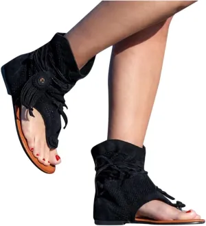 Women'S Sandals Tassel Ankle Boots, Retro Bohemian Sandals Beach Travel Shoes Clip Toe Flip Flops High Top Flat Casual Dressy Sandals