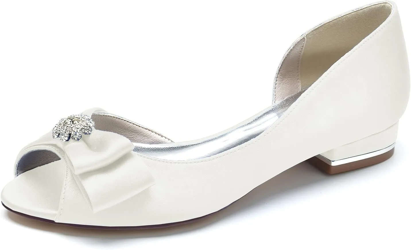 Women's Satin Ballet Flats Peep Toe Bow Bride Weeding Shoes Comfort Slip on Dress Shoes