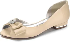 Women's Satin Ballet Flats Peep Toe Bow Bride Weeding Shoes Comfort Slip on Dress Shoes