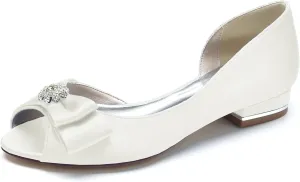 Women's Satin Ballet Flats Peep Toe Bow Bride Weeding Shoes Comfort Slip on Dress Shoes