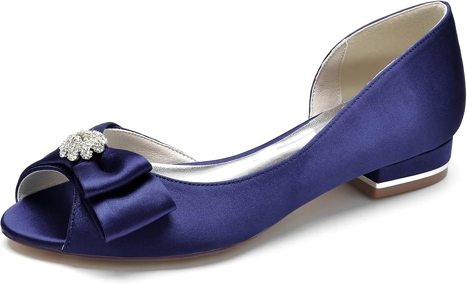 Women's Satin Ballet Flats Peep Toe Bow Bride Weeding Shoes Comfort Slip on Dress Shoes