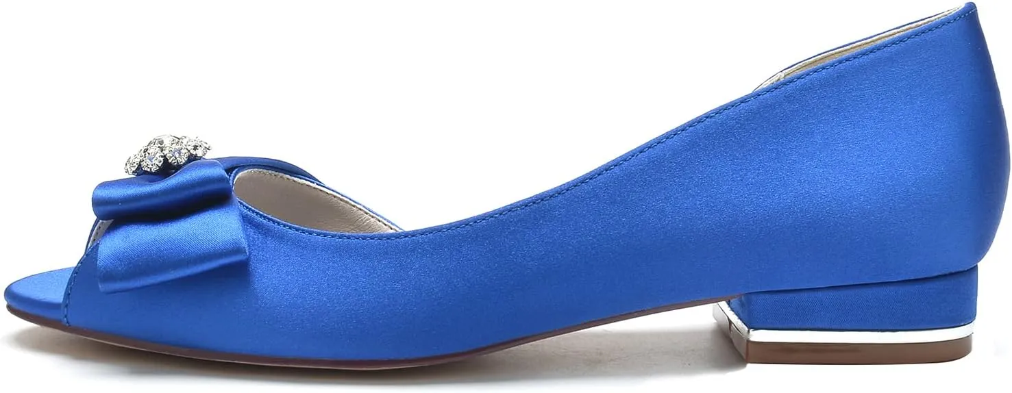 Women's Satin Ballet Flats Peep Toe Bow Bride Weeding Shoes Comfort Slip on Dress Shoes
