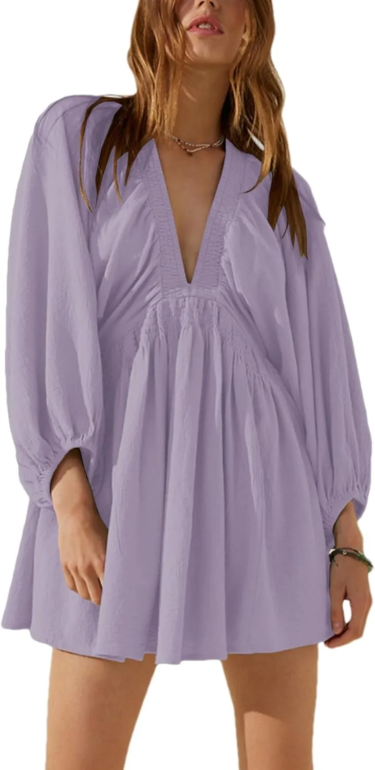 Women's Sexy Long Sleeve V Neck Tunic Dress Casual Loose Flowy Mini Swing Shift Dresses
