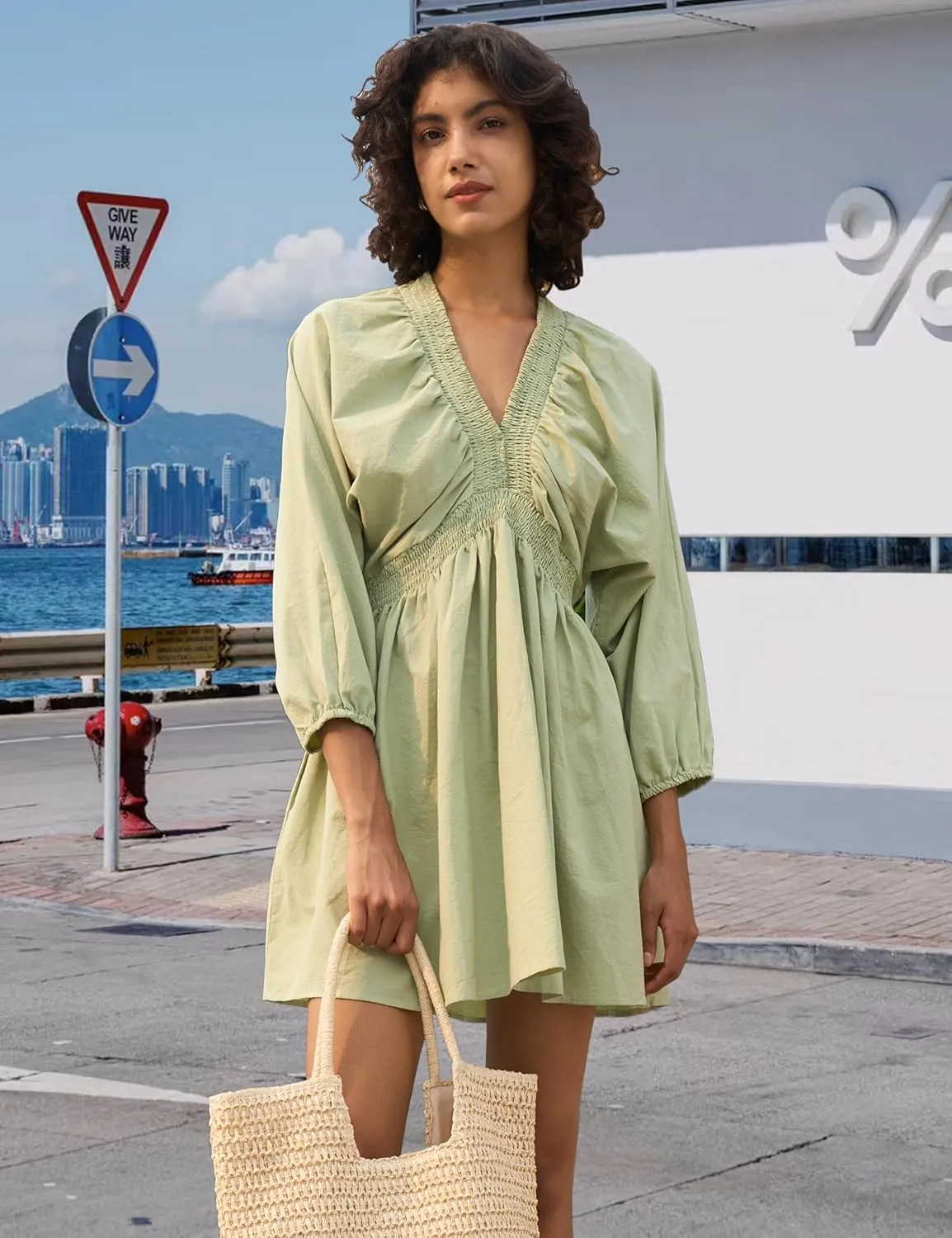 Women's Sexy Long Sleeve V Neck Tunic Dress Casual Loose Flowy Mini Swing Shift Dresses