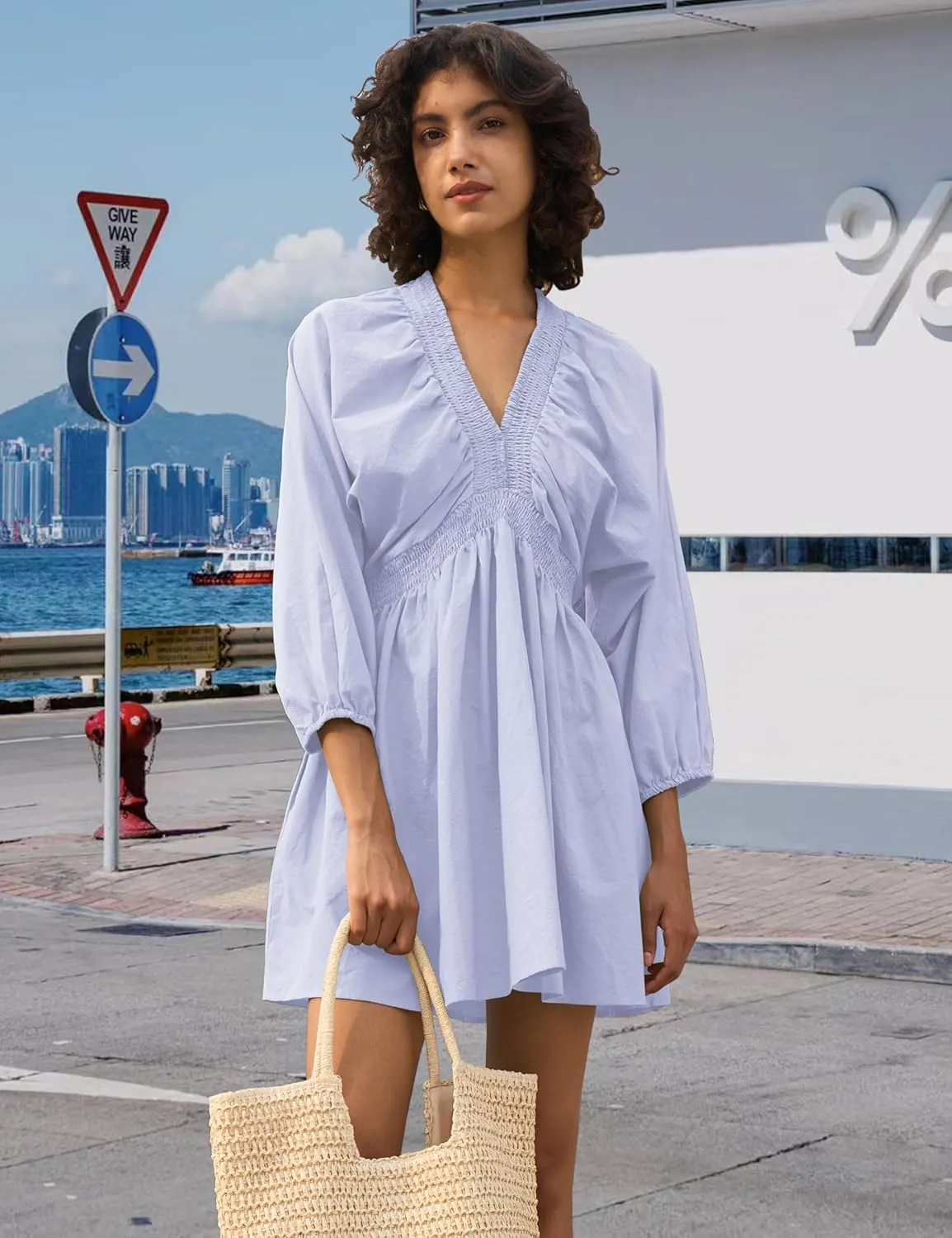 Women's Sexy Long Sleeve V Neck Tunic Dress Casual Loose Flowy Mini Swing Shift Dresses