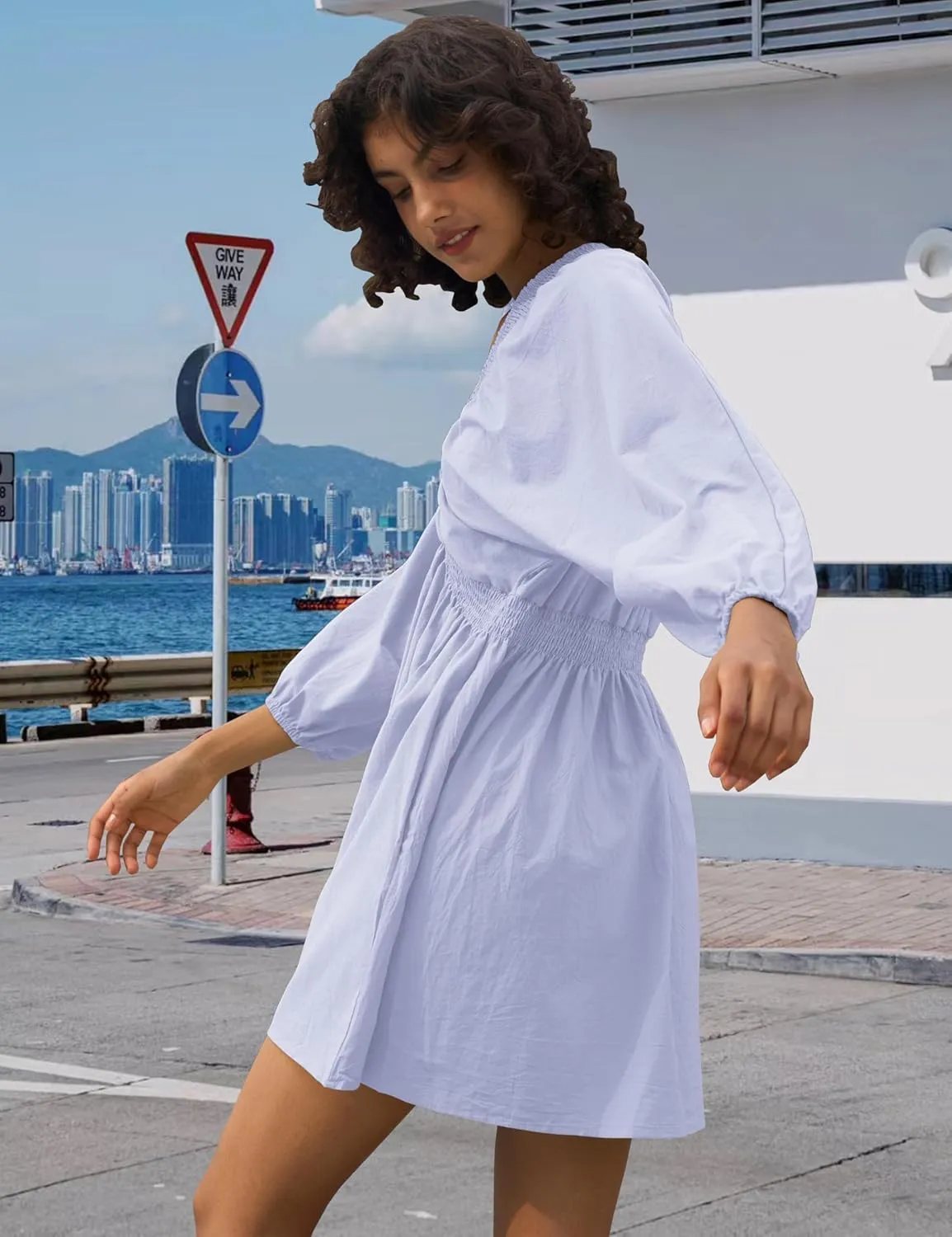 Women's Sexy Long Sleeve V Neck Tunic Dress Casual Loose Flowy Mini Swing Shift Dresses