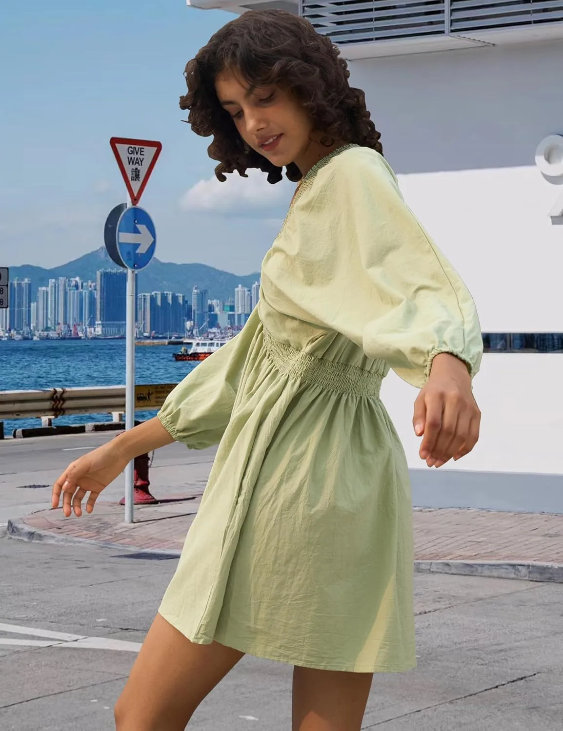 Women's Sexy Long Sleeve V Neck Tunic Dress Casual Loose Flowy Mini Swing Shift Dresses