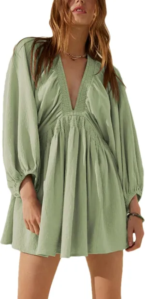 Women's Sexy Long Sleeve V Neck Tunic Dress Casual Loose Flowy Mini Swing Shift Dresses