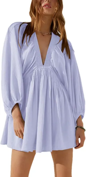 Women's Sexy Long Sleeve V Neck Tunic Dress Casual Loose Flowy Mini Swing Shift Dresses