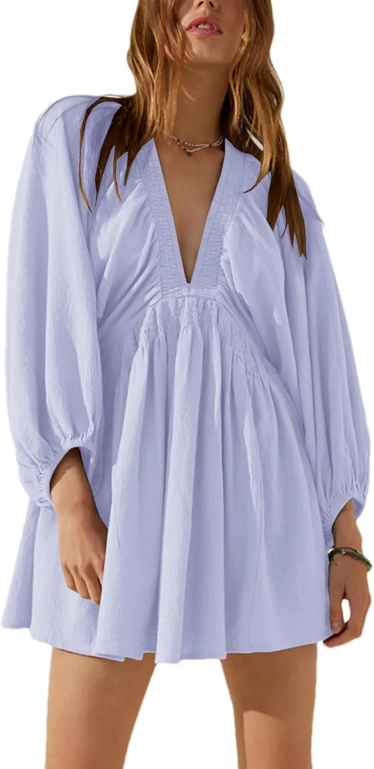 Women's Sexy Long Sleeve V Neck Tunic Dress Casual Loose Flowy Mini Swing Shift Dresses
