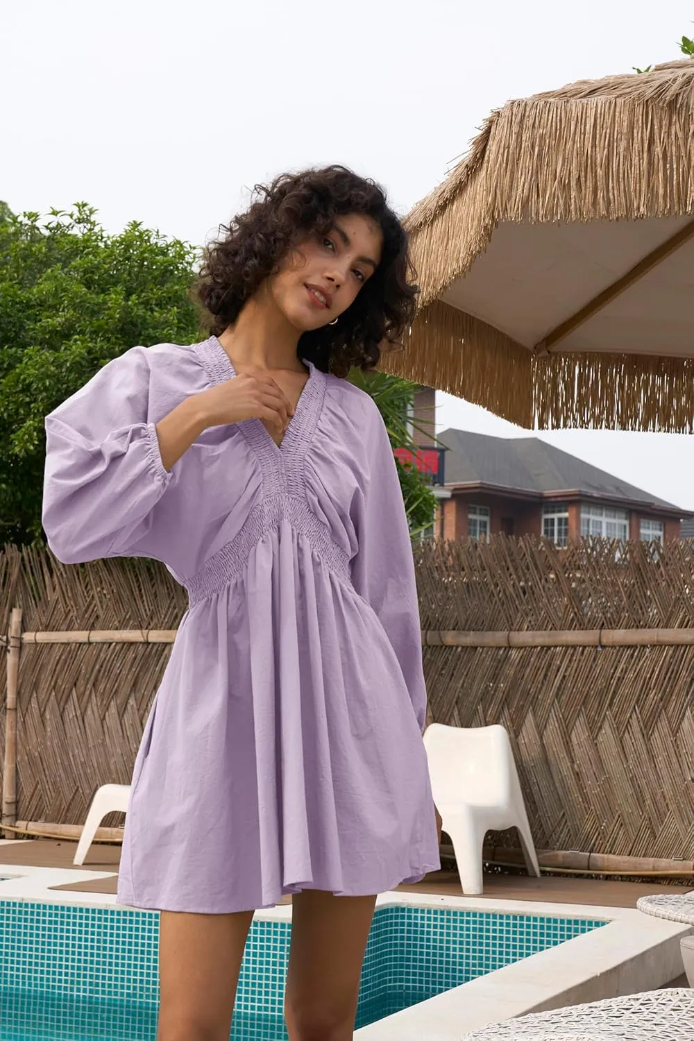 Women's Sexy Long Sleeve V Neck Tunic Dress Casual Loose Flowy Mini Swing Shift Dresses