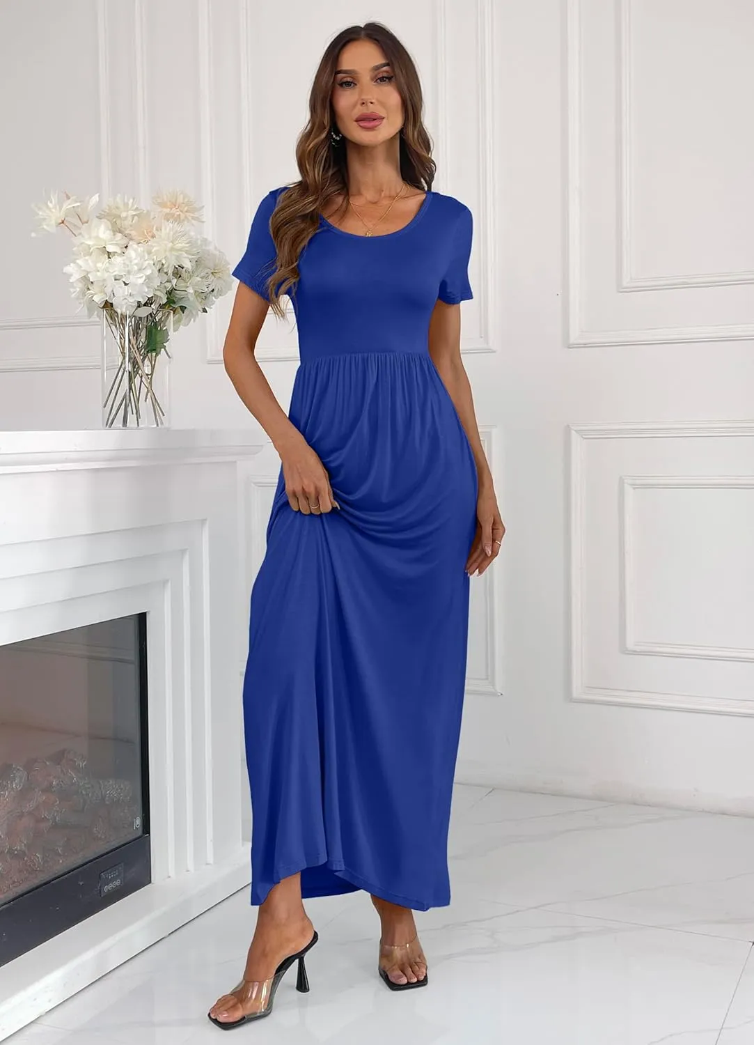 Women's Short/Long Sleeve Loose Plain Long Maxi Casual Dresses with Pockets