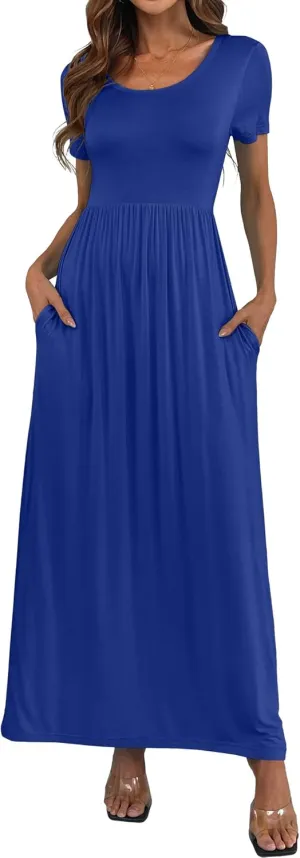 Women's Short/Long Sleeve Loose Plain Long Maxi Casual Dresses with Pockets