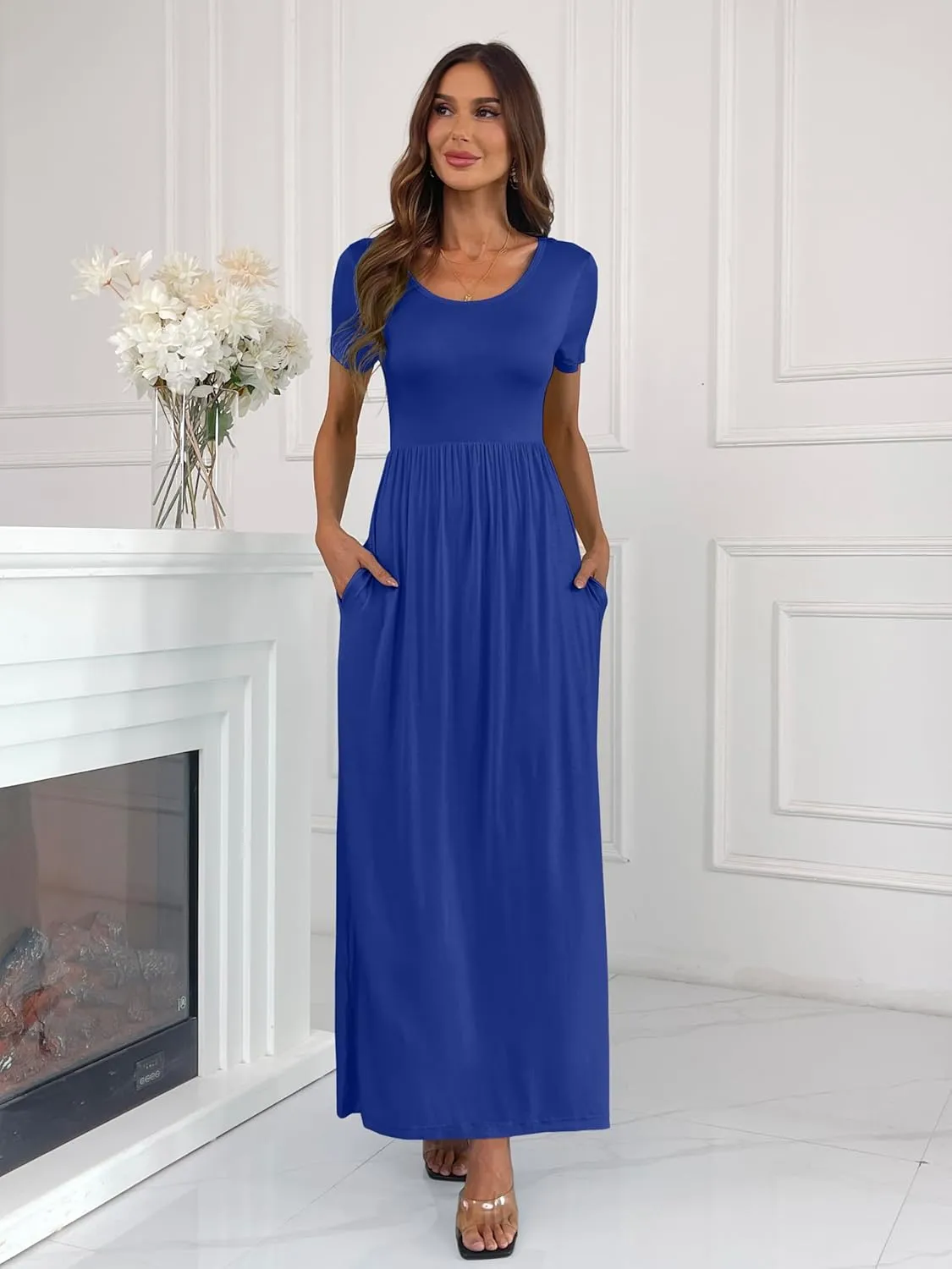Women's Short/Long Sleeve Loose Plain Long Maxi Casual Dresses with Pockets