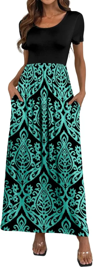Women's Short/Long Sleeve Loose Plain Long Maxi Casual Dresses with Pockets