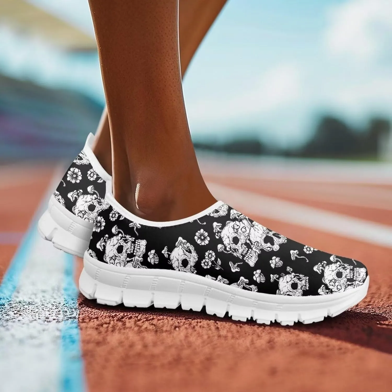 Women's Skull Sneaker Casual Low Top Running Sneaker Outdoor Breathable Slip On Lightweight Soft Shoes for Women
