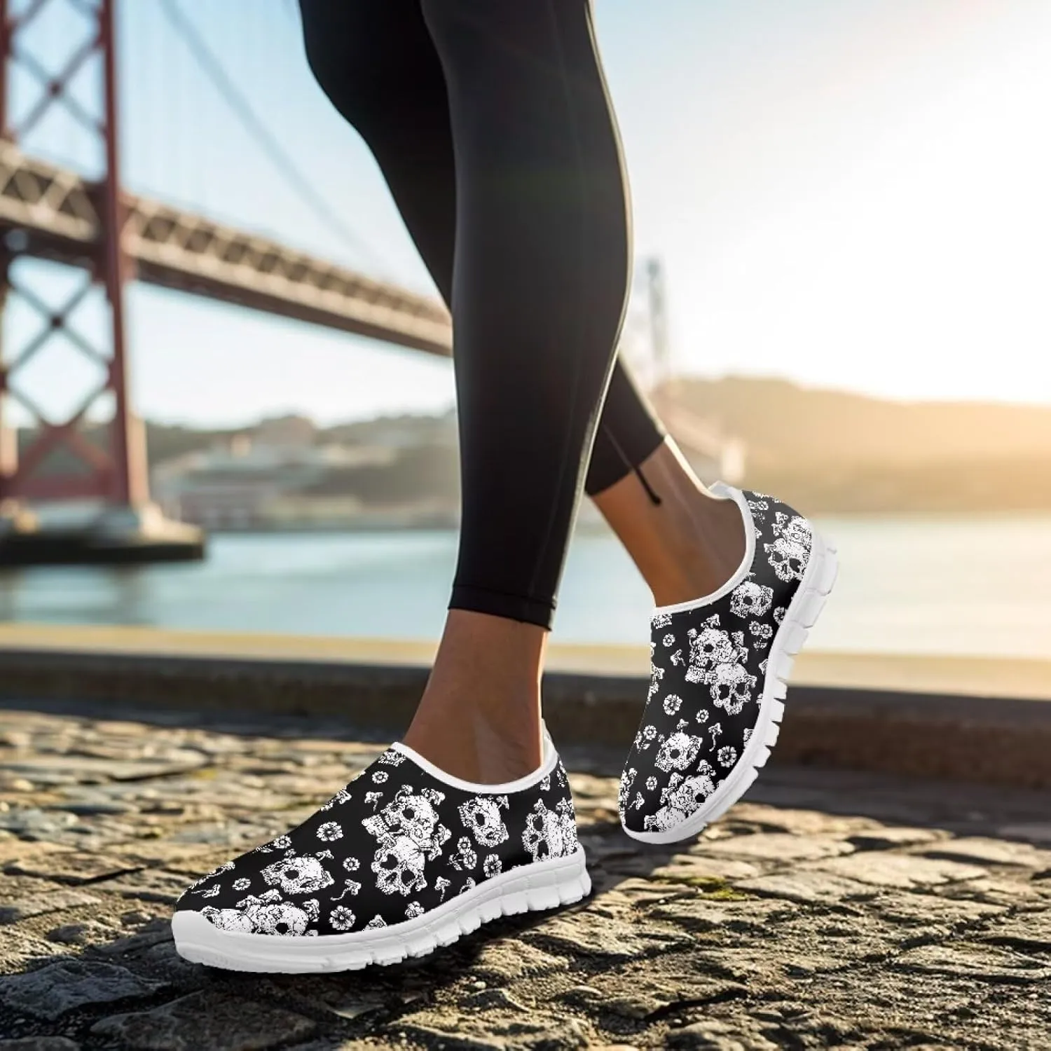 Women's Skull Sneaker Casual Low Top Running Sneaker Outdoor Breathable Slip On Lightweight Soft Shoes for Women