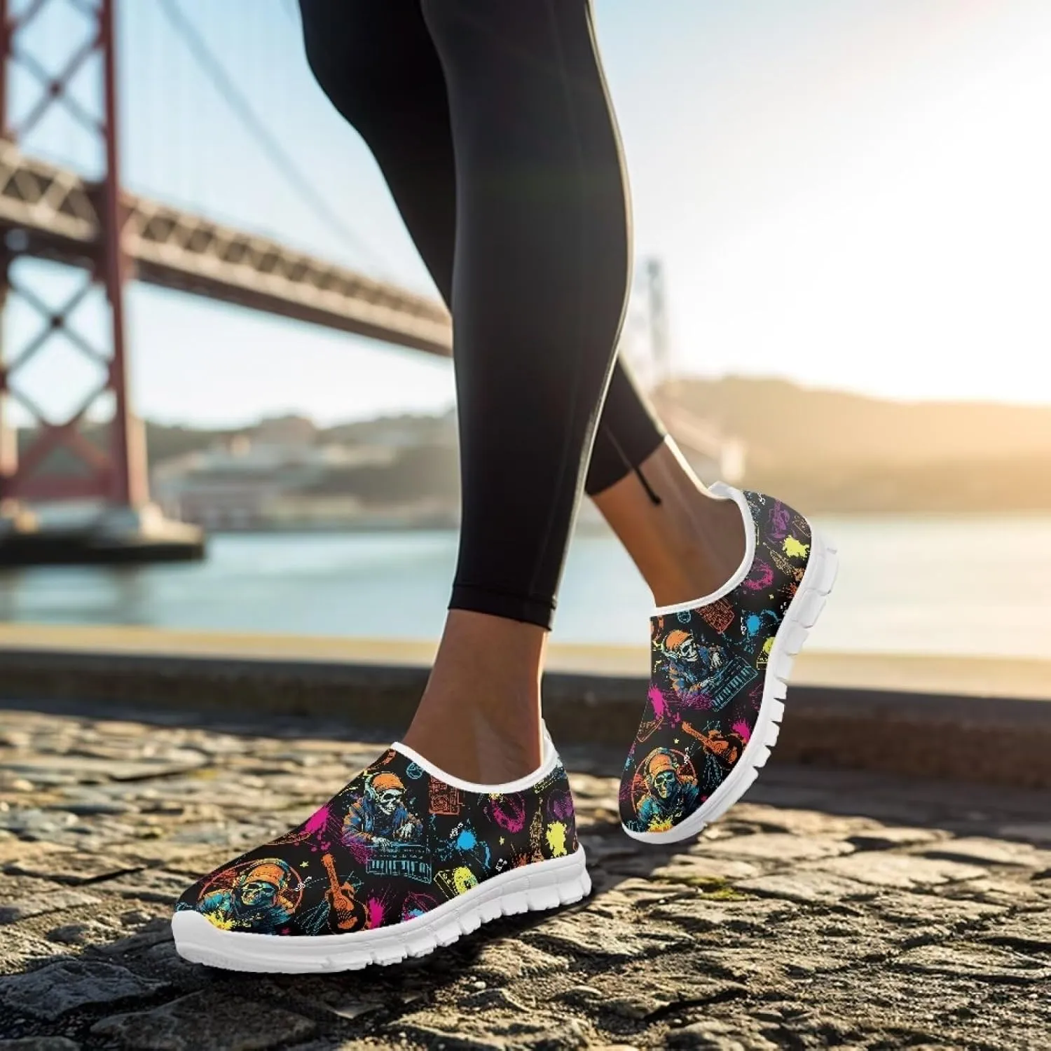 Women's Skull Sneaker Casual Low Top Running Sneaker Outdoor Breathable Slip On Lightweight Soft Shoes for Women