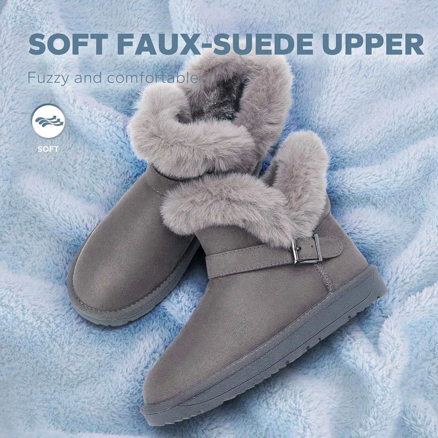 Women's Slip On Winter Boots - Warm Fur Lined Ankle Booties - Comfortable Short Fuzzy Boots Black Grey