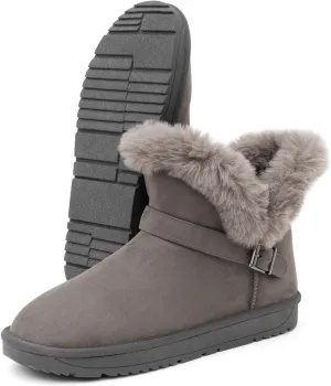 Women's Slip On Winter Boots - Warm Fur Lined Ankle Booties - Comfortable Short Fuzzy Boots Black Grey