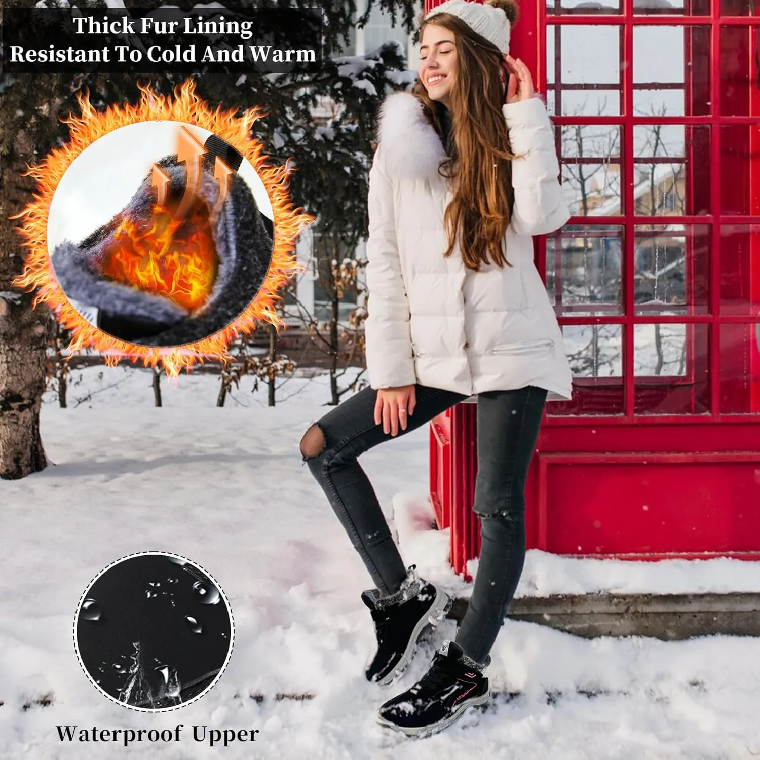 Womens Snow Boots Winter Shoes with Warm Fur Lined Waterproof Thermal Ankle Booties Comfortable Outdoor Anti Slip Shoe Hook Loop