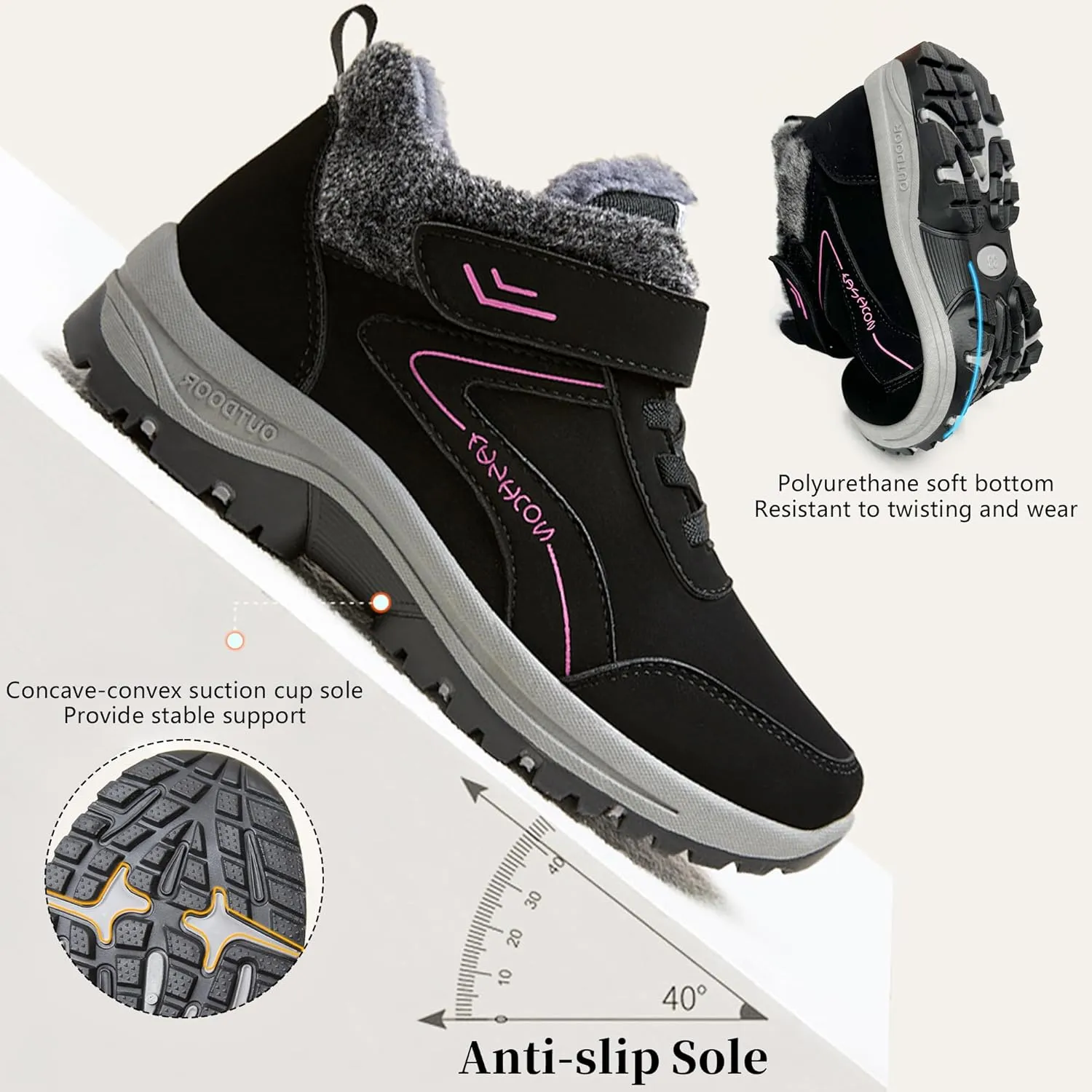 Womens Snow Boots Winter Shoes with Warm Fur Lined Waterproof Thermal Ankle Booties Comfortable Outdoor Anti Slip Shoe Hook Loop