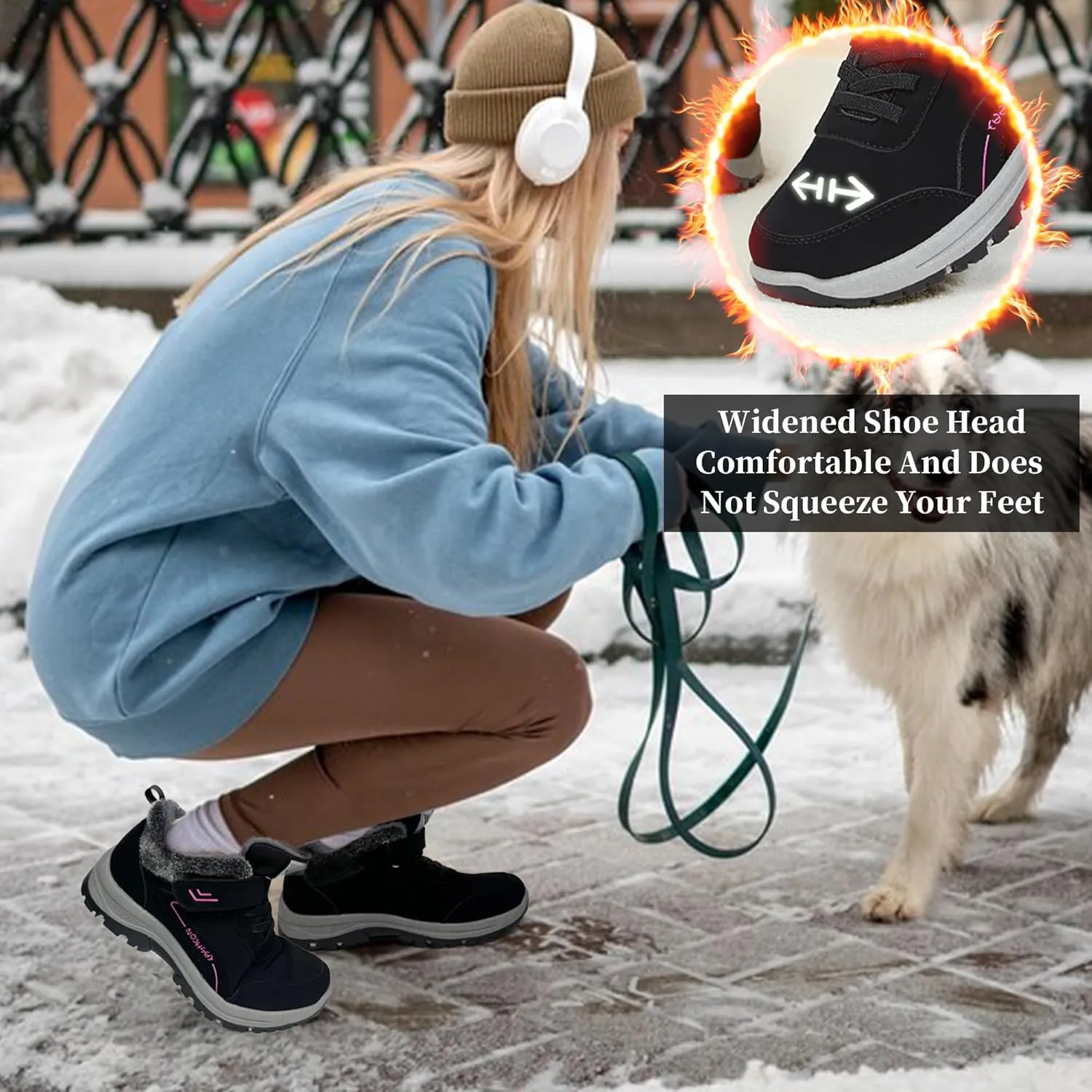 Womens Snow Boots Winter Shoes with Warm Fur Lined Waterproof Thermal Ankle Booties Comfortable Outdoor Anti Slip Shoe Hook Loop