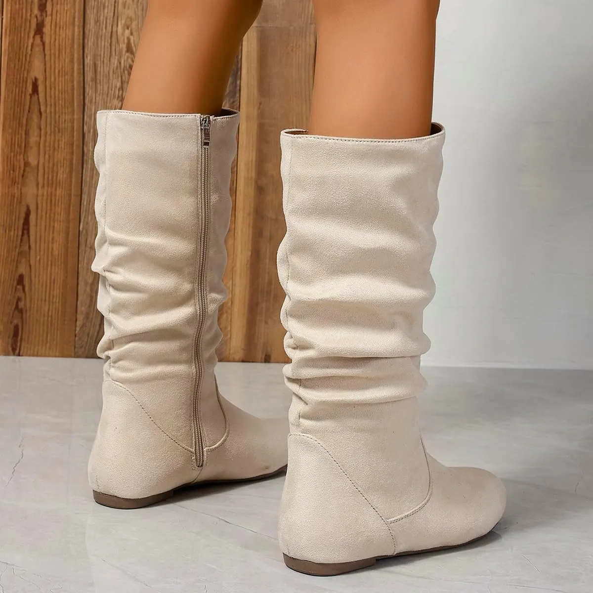 Women's Soft Suede Low Heel Mid Calf Boots | Comfortable Fall Outdoor Footwear with Side Zipper & Non-Slip Sole - Flat Boots,slouch boots for women