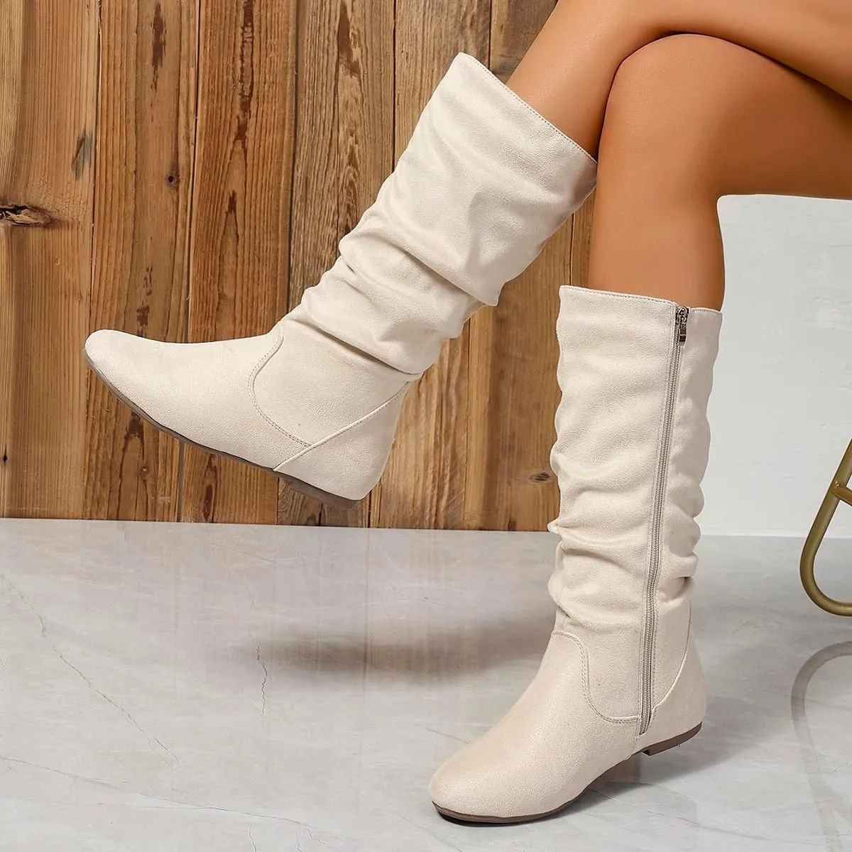 Women's Soft Suede Low Heel Mid Calf Boots | Comfortable Fall Outdoor Footwear with Side Zipper & Non-Slip Sole - Flat Boots,slouch boots for women