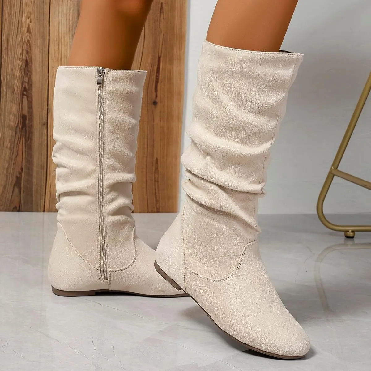 Women's Soft Suede Low Heel Mid Calf Boots | Comfortable Fall Outdoor Footwear with Side Zipper & Non-Slip Sole - Flat Boots,slouch boots for women