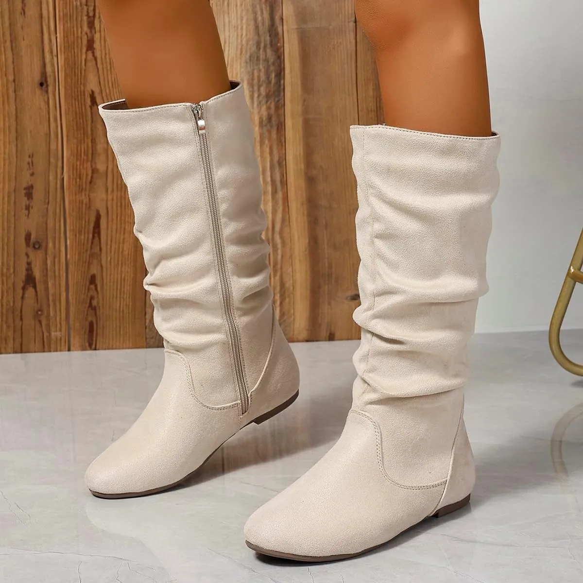 Women's Soft Suede Low Heel Mid Calf Boots | Comfortable Fall Outdoor Footwear with Side Zipper & Non-Slip Sole - Flat Boots,slouch boots for women