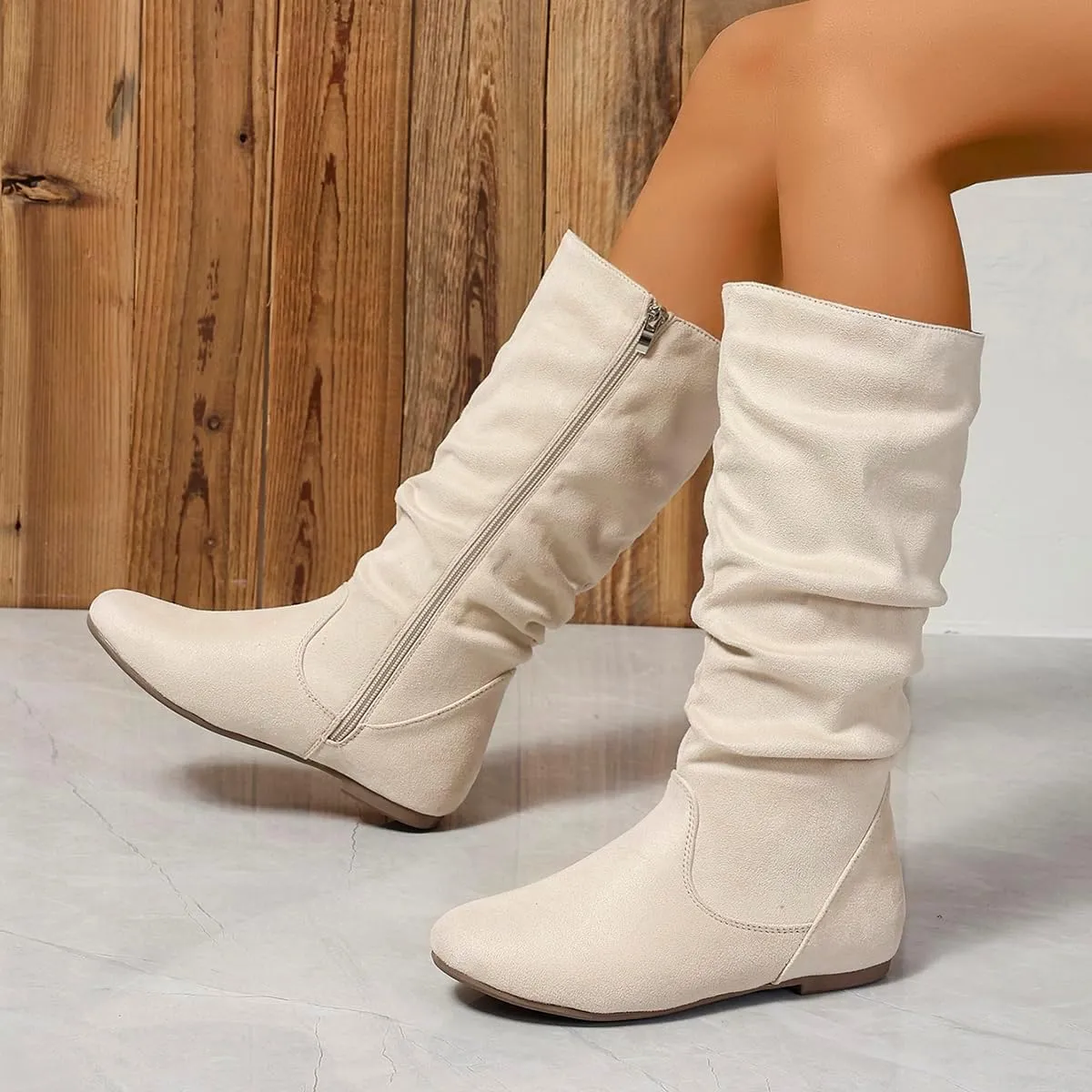 Women's Soft Suede Low Heel Mid Calf Boots | Comfortable Fall Outdoor Footwear with Side Zipper & Non-Slip Sole - Flat Boots,slouch boots for women