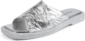 Women's Square Toe Slip On Flats Sandal Fashion Comfortable Slide Sandals