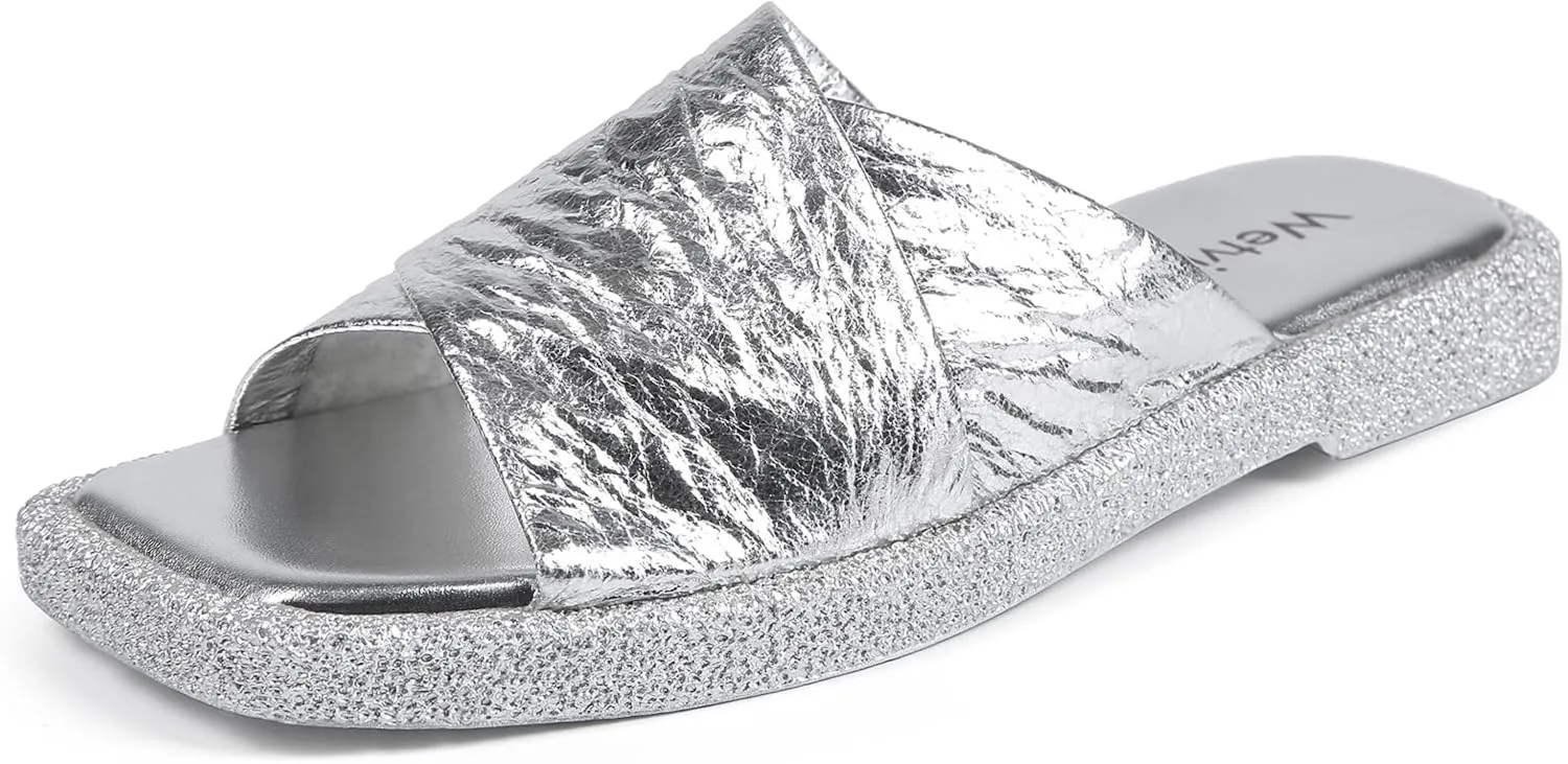Women's Square Toe Slip On Flats Sandal Fashion Comfortable Slide Sandals