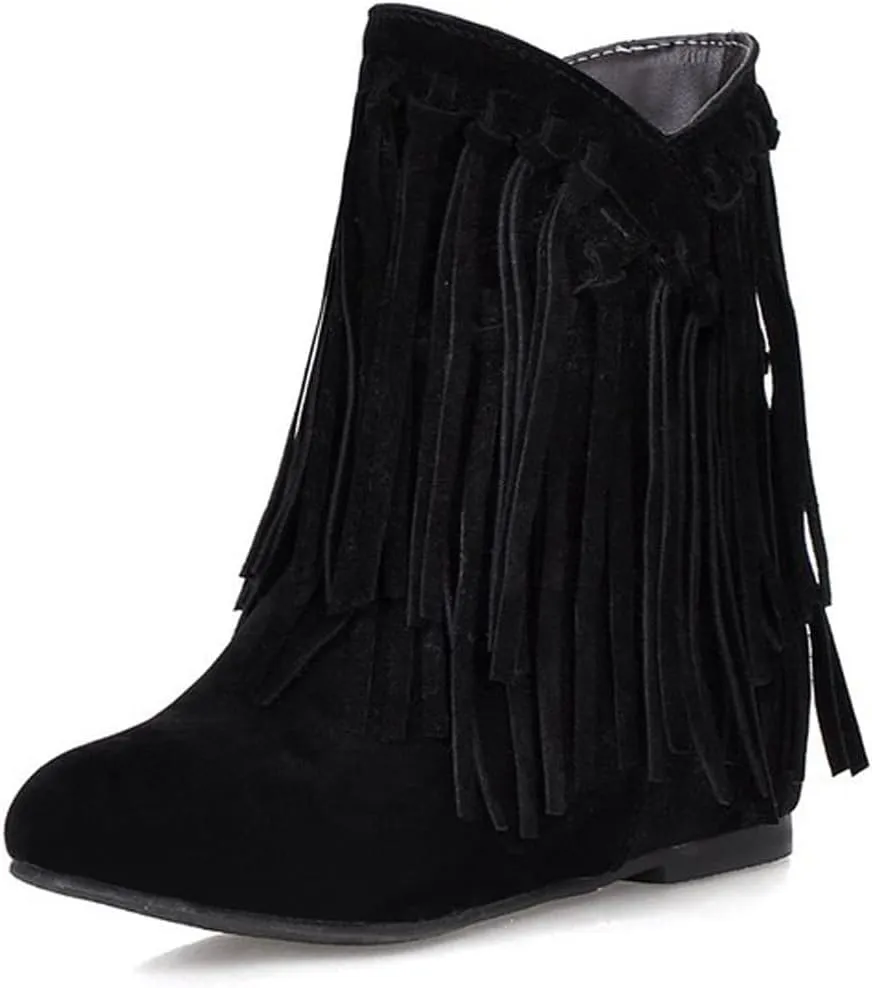 Women'S Suede Fringe Western Boots Pointed Toe Flat Bottom Retro Cowboy Ankle Boots,Winter Warm Height Increase Wedge Outdoor Flat Boots