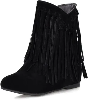 Women'S Suede Fringe Western Boots Pointed Toe Flat Bottom Retro Cowboy Ankle Boots,Winter Warm Height Increase Wedge Outdoor Flat Boots