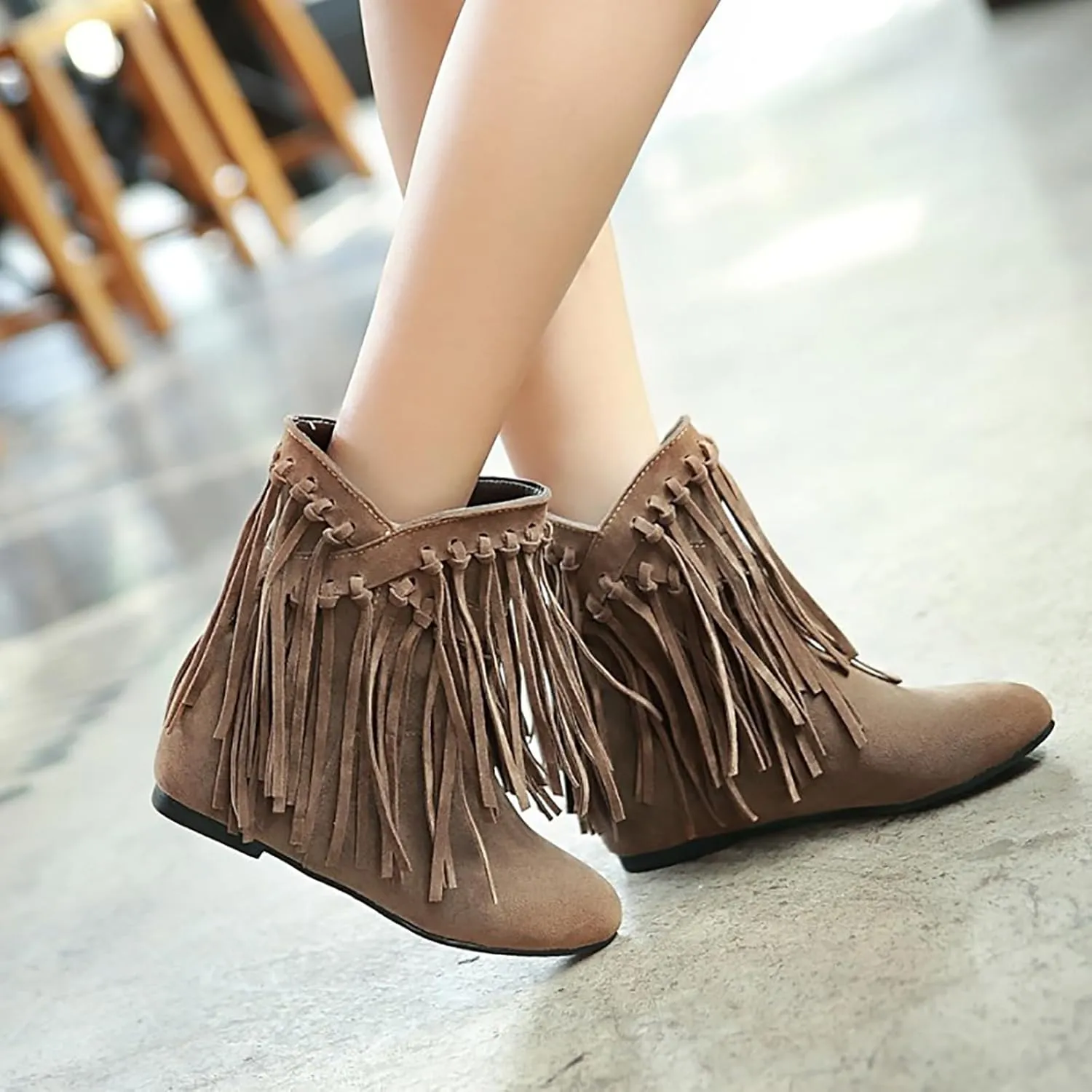 Women'S Suede Fringe Western Boots Pointed Toe Flat Bottom Retro Cowboy Ankle Boots,Winter Warm Height Increase Wedge Outdoor Flat Boots