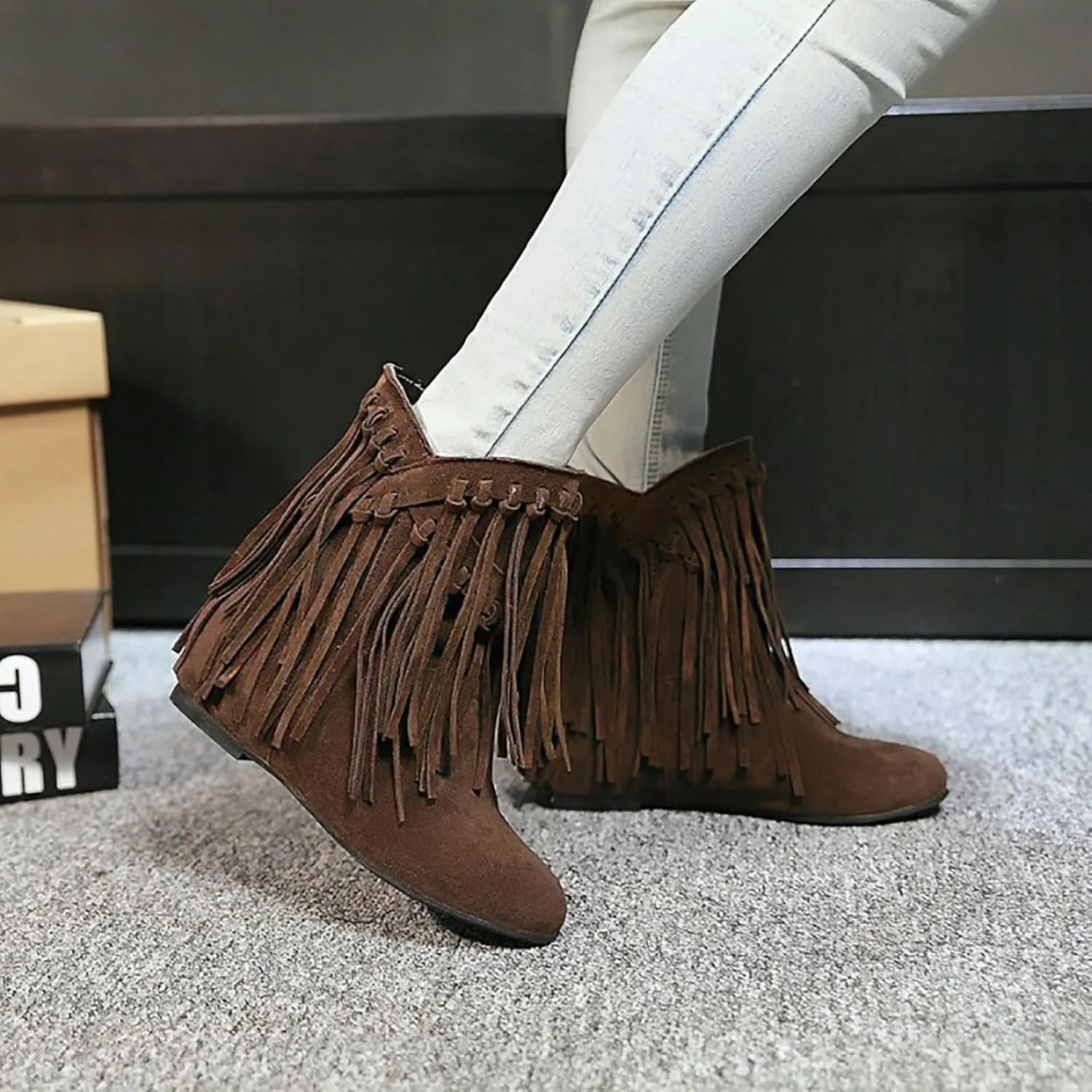 Women'S Suede Fringe Western Boots Pointed Toe Flat Bottom Retro Cowboy Ankle Boots,Winter Warm Height Increase Wedge Outdoor Flat Boots