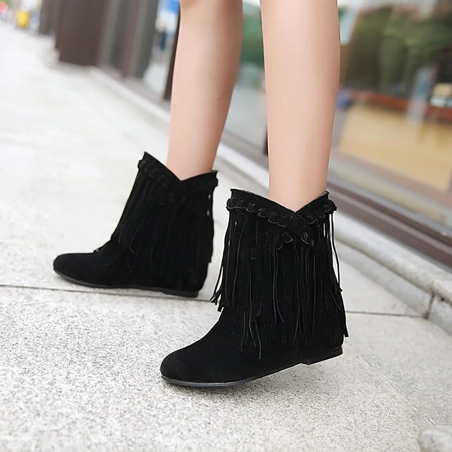 Women'S Suede Fringe Western Boots Pointed Toe Flat Bottom Retro Cowboy Ankle Boots,Winter Warm Height Increase Wedge Outdoor Flat Boots
