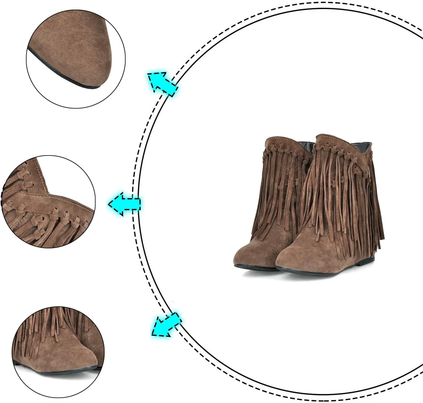 Women'S Suede Fringe Western Boots Pointed Toe Flat Bottom Retro Cowboy Ankle Boots,Winter Warm Height Increase Wedge Outdoor Flat Boots