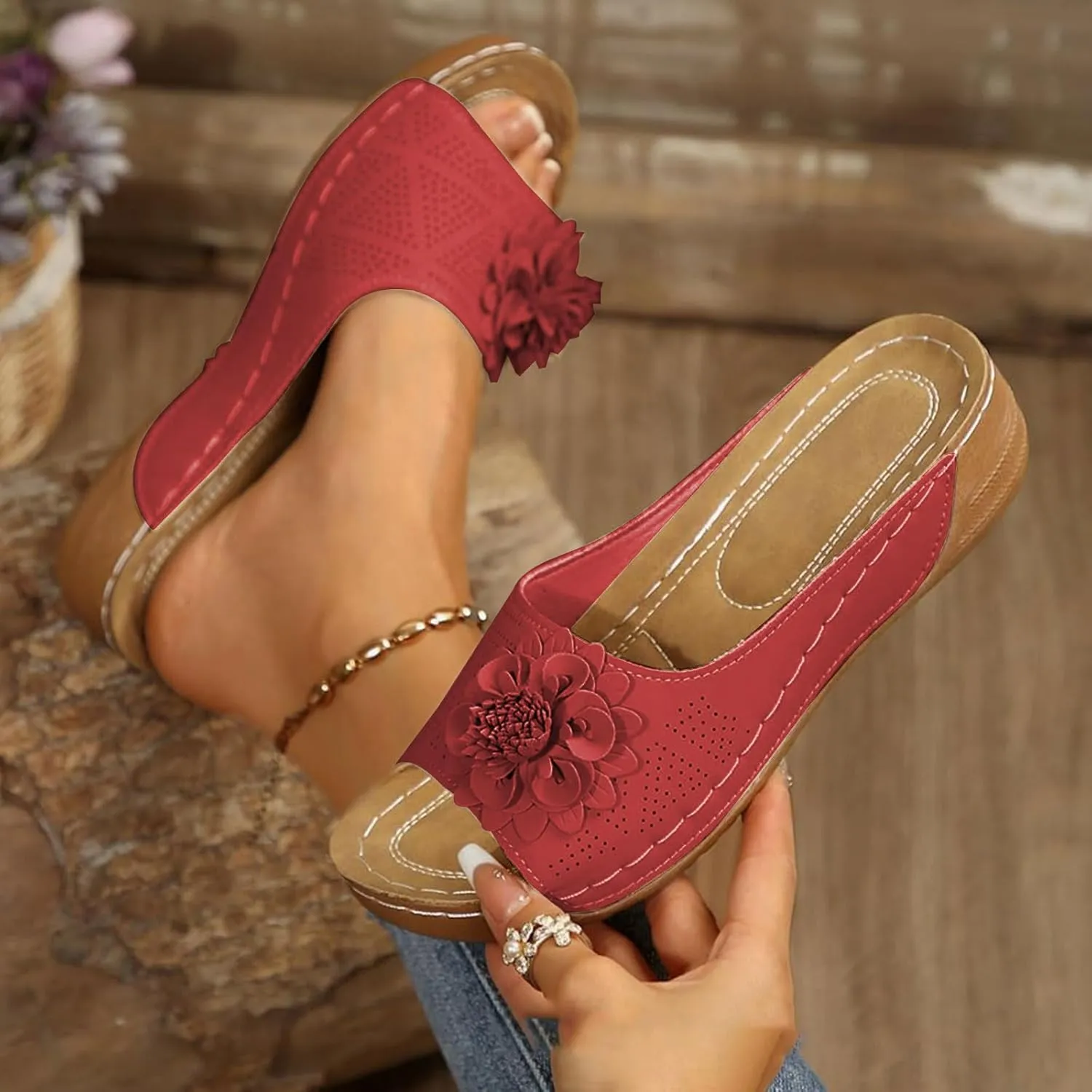 Womens Summer Beach Sandals Wedge Low Open Toe Slides Ladies Dressy Slipper Platform Comfortable Arch Support Sandal Slippers Orthopedic 2025 Casual Flat Non-Slip Dress Shoes