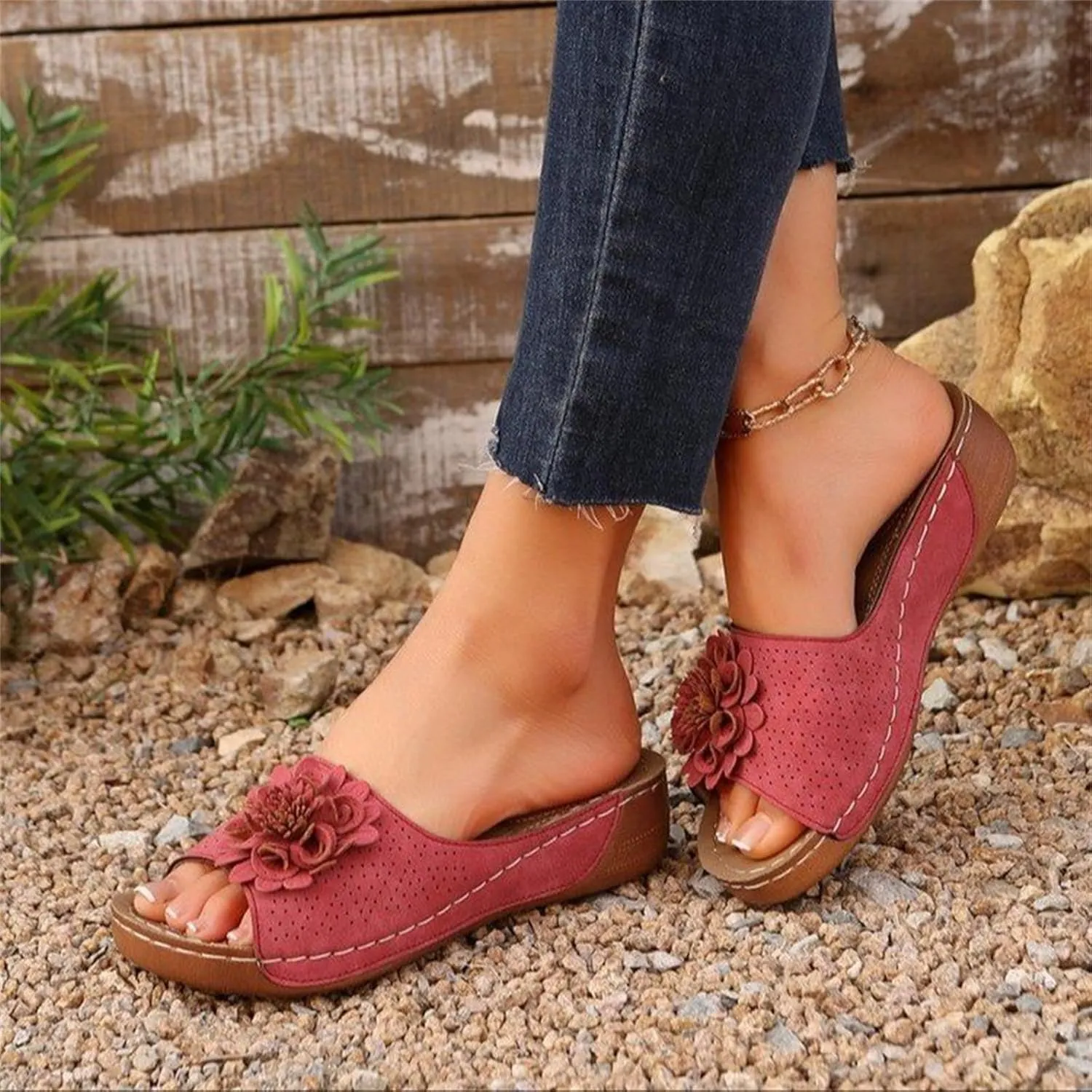 Womens Summer Beach Sandals Wedge Low Open Toe Slides Ladies Dressy Slipper Platform Comfortable Arch Support Sandal Slippers Orthopedic 2025 Casual Flat Non-Slip Dress Shoes