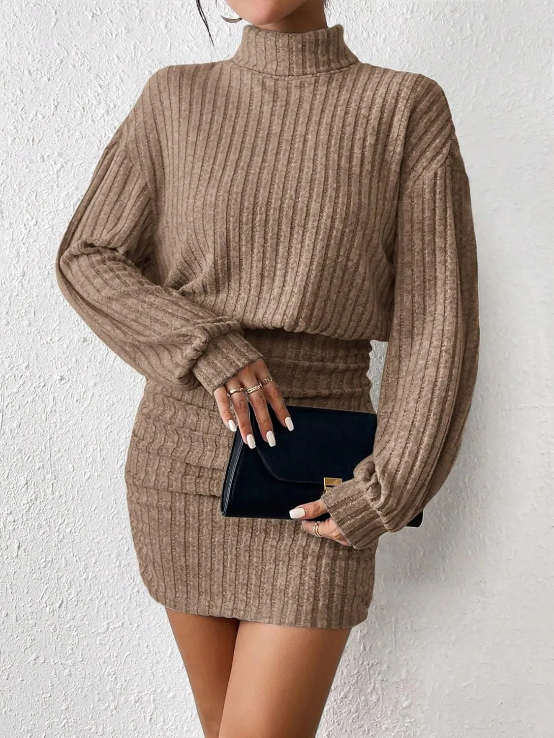 Women's Summer High Neck Drop Shoulder Long Sleeve Ribbed Mini Sweater Dress Mini Dress