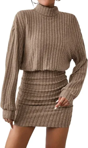 Women's Summer High Neck Drop Shoulder Long Sleeve Ribbed Mini Sweater Dress Mini Dress