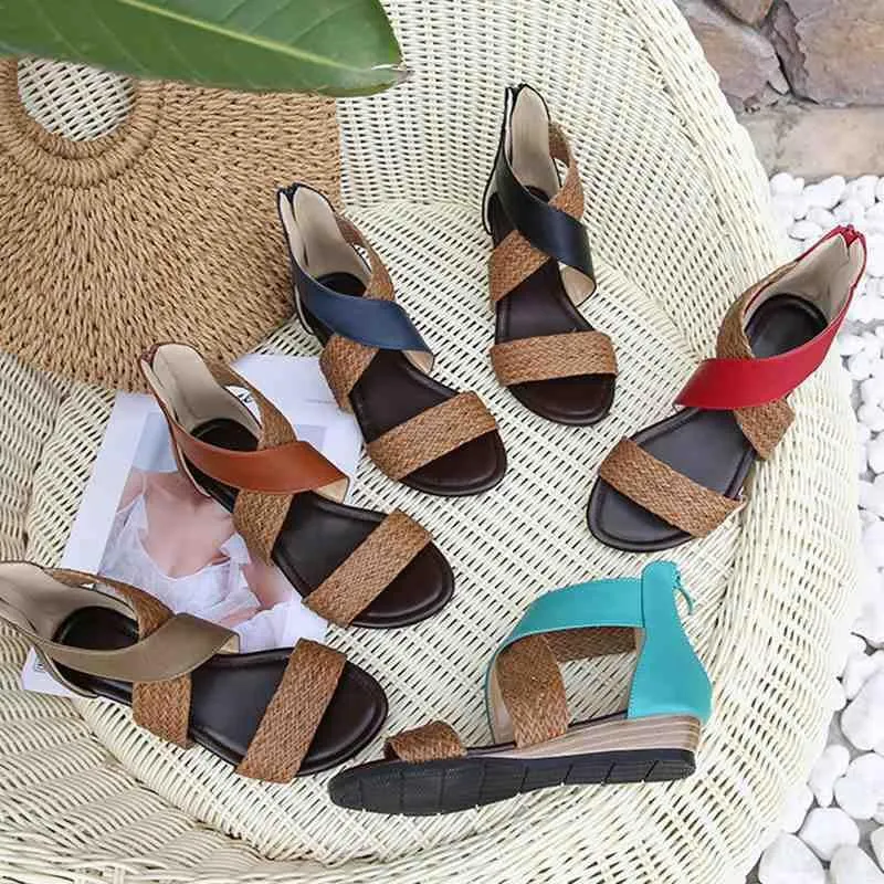 Women's Summer Sandals,Bohemian Retro Non-Slip Back Zipper Casual Beach Walking Soft Flats Platform Dressy Sandals