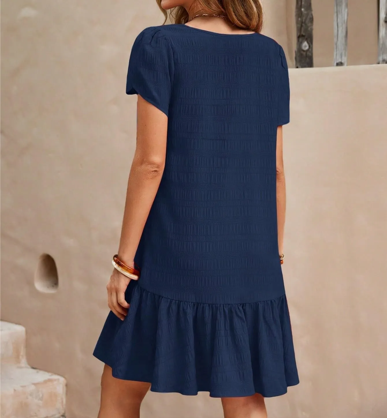 Womens Summer Short Dresses Solid Color Short Sleeve V Neck Ruffle Hem Dress for Women